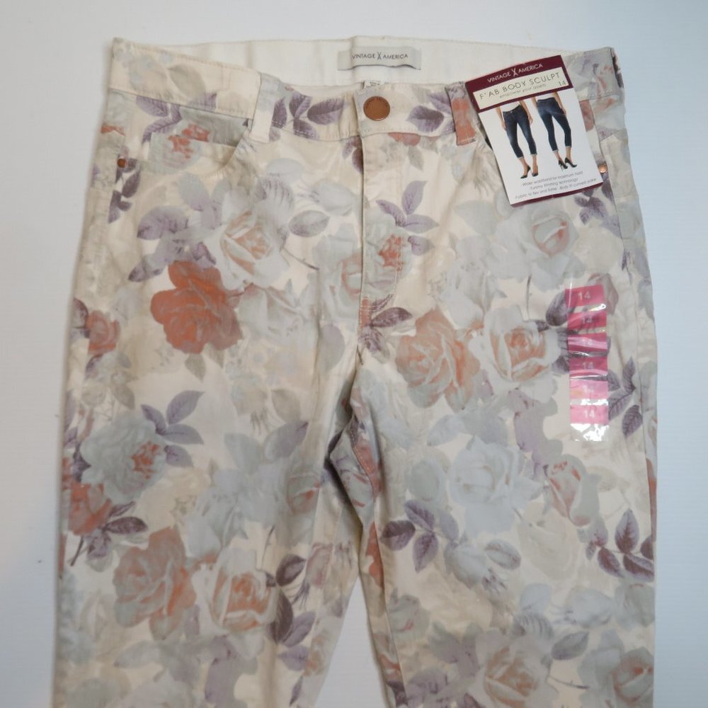 Vintage America Body Sculpt Crop‎ Jeans Sz 14 32 Womens Floral Tummy Control NWT